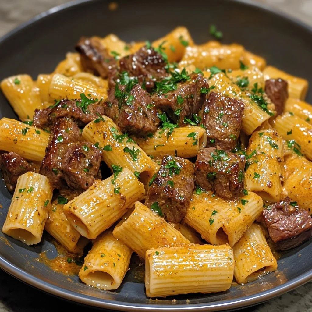 Delicious Cajun Steak Tips served with cheesy rigatoni pasta dish