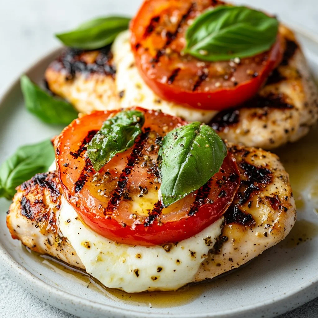 Delicious Caprese Chicken topped with fresh mozzarella, basil, and tomatoes.