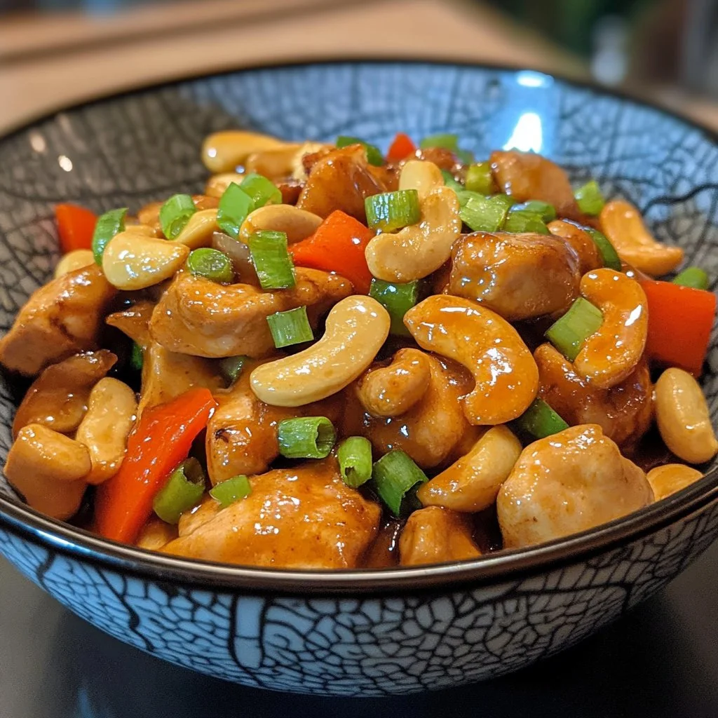 Delicious cashew chicken served with vegetables and rice in a bowl