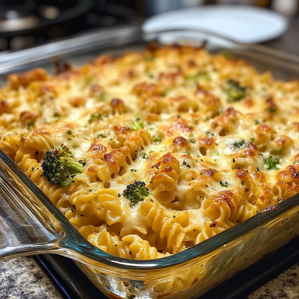 Cheesy Broccoli Chicken Pasta Bake in a casserole dish, topped with melted cheese.