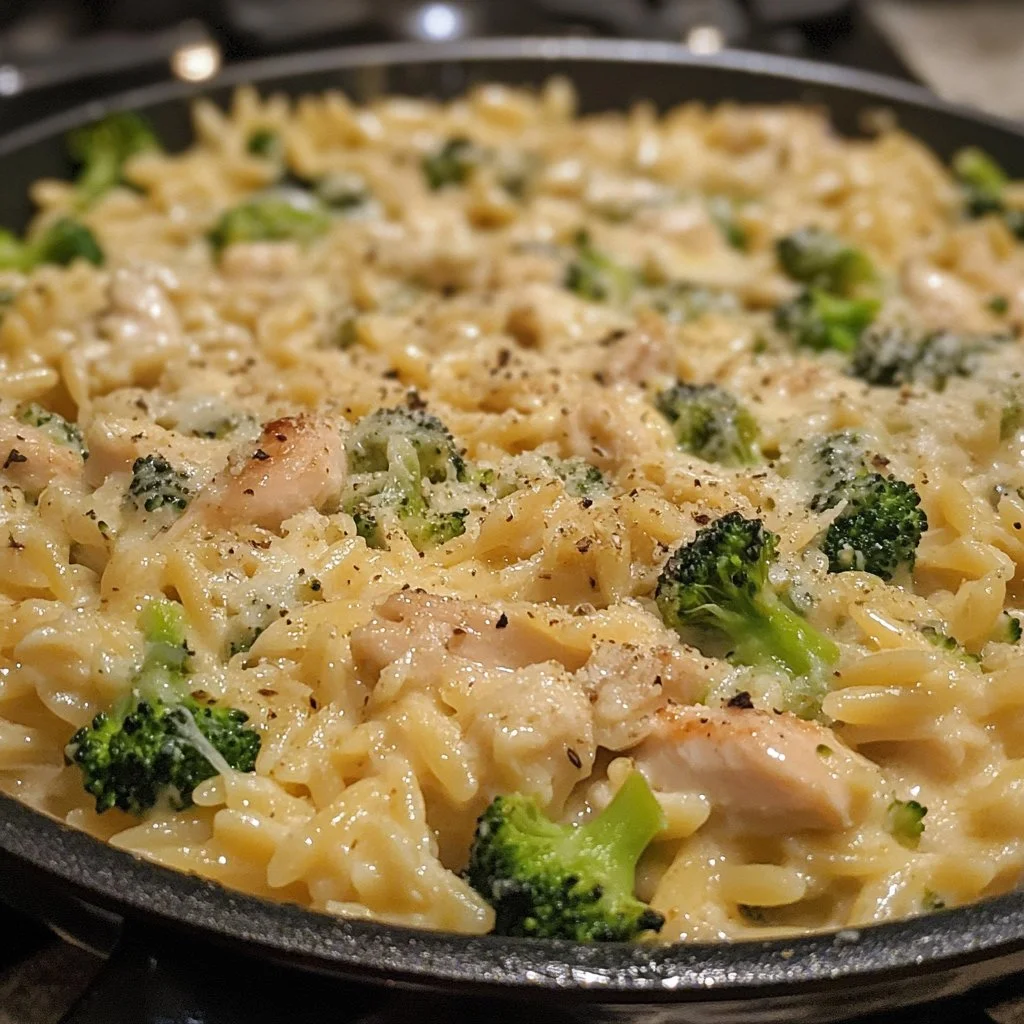 Creamy Cheesy Chicken Broccoli Orzo dish served in a bowl