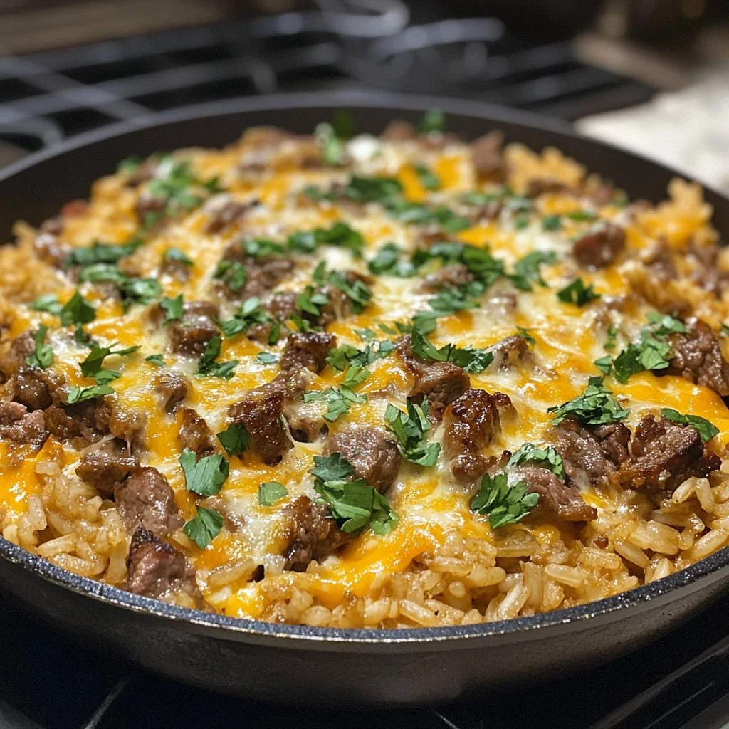 Cheesy steak and rice skillet dish served in a frying pan