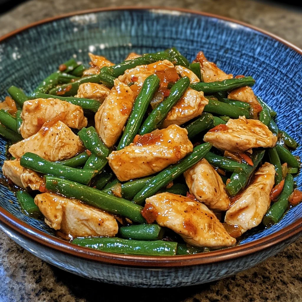 Delicious chicken and green bean stir-fry served in a colorful dish