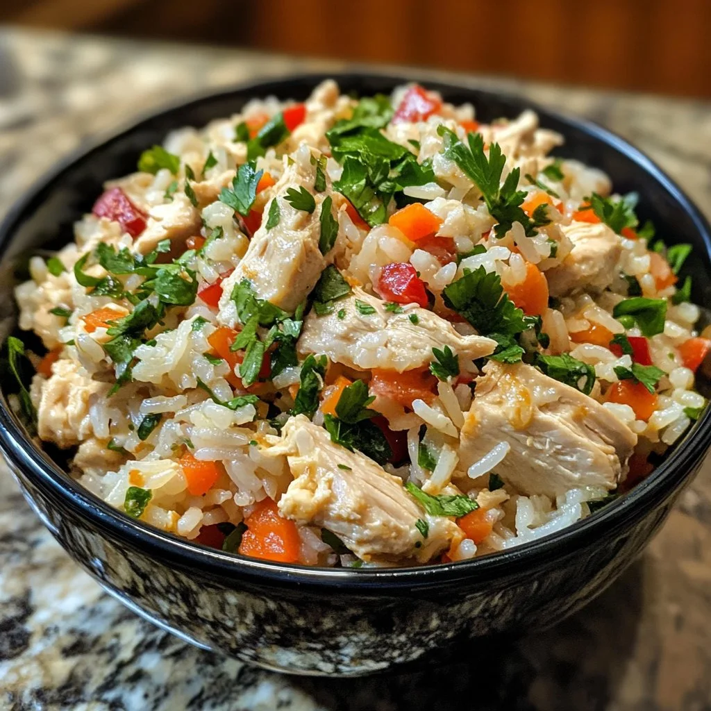 Fresh and nutritious Chicken Rice Salad with vegetables and dressing