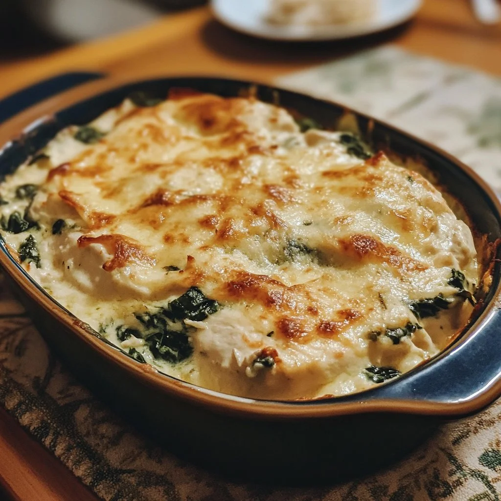 Delicious chicken and spinach casserole served in a baking dish