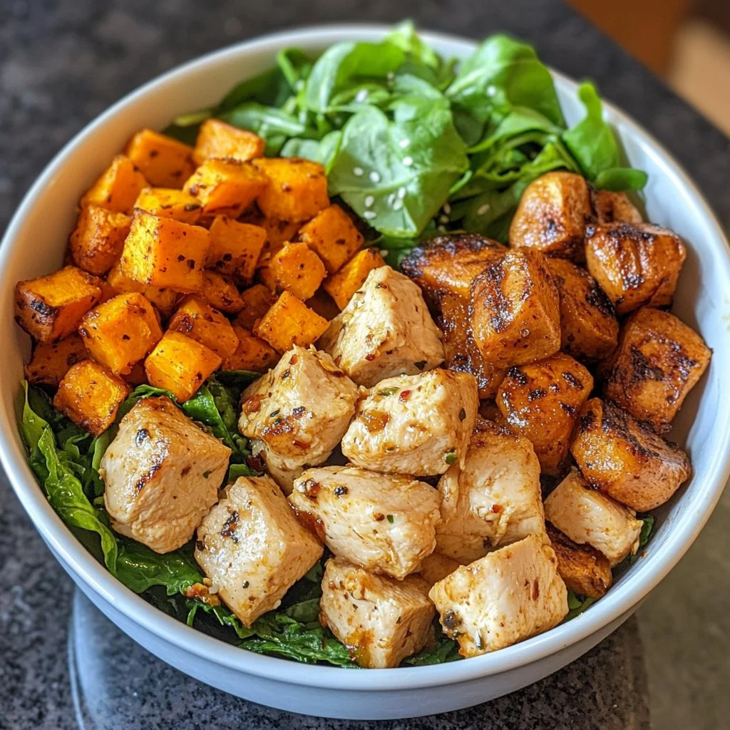 Healthy chicken and sweet potato bowl with colorful vegetables