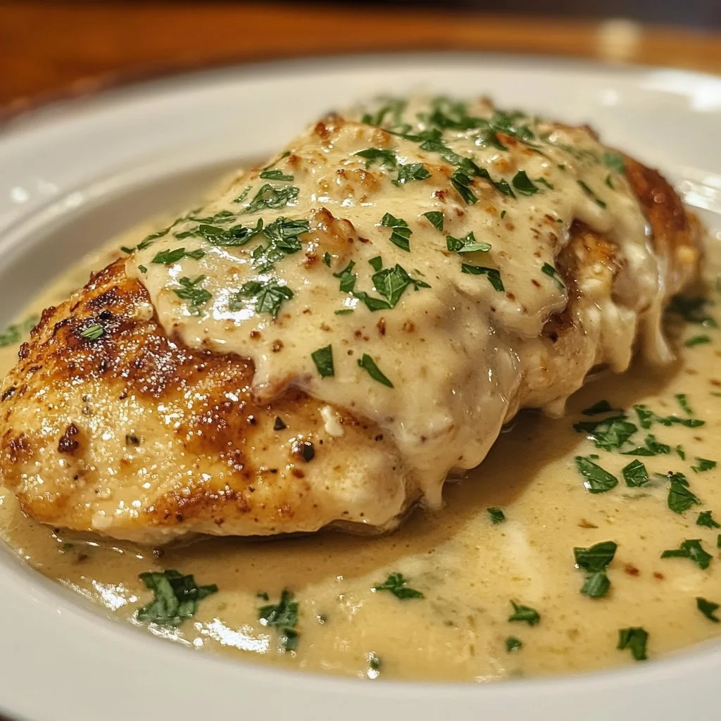Chicken breast in a creamy cream cheese parmesan sauce served on a plate.