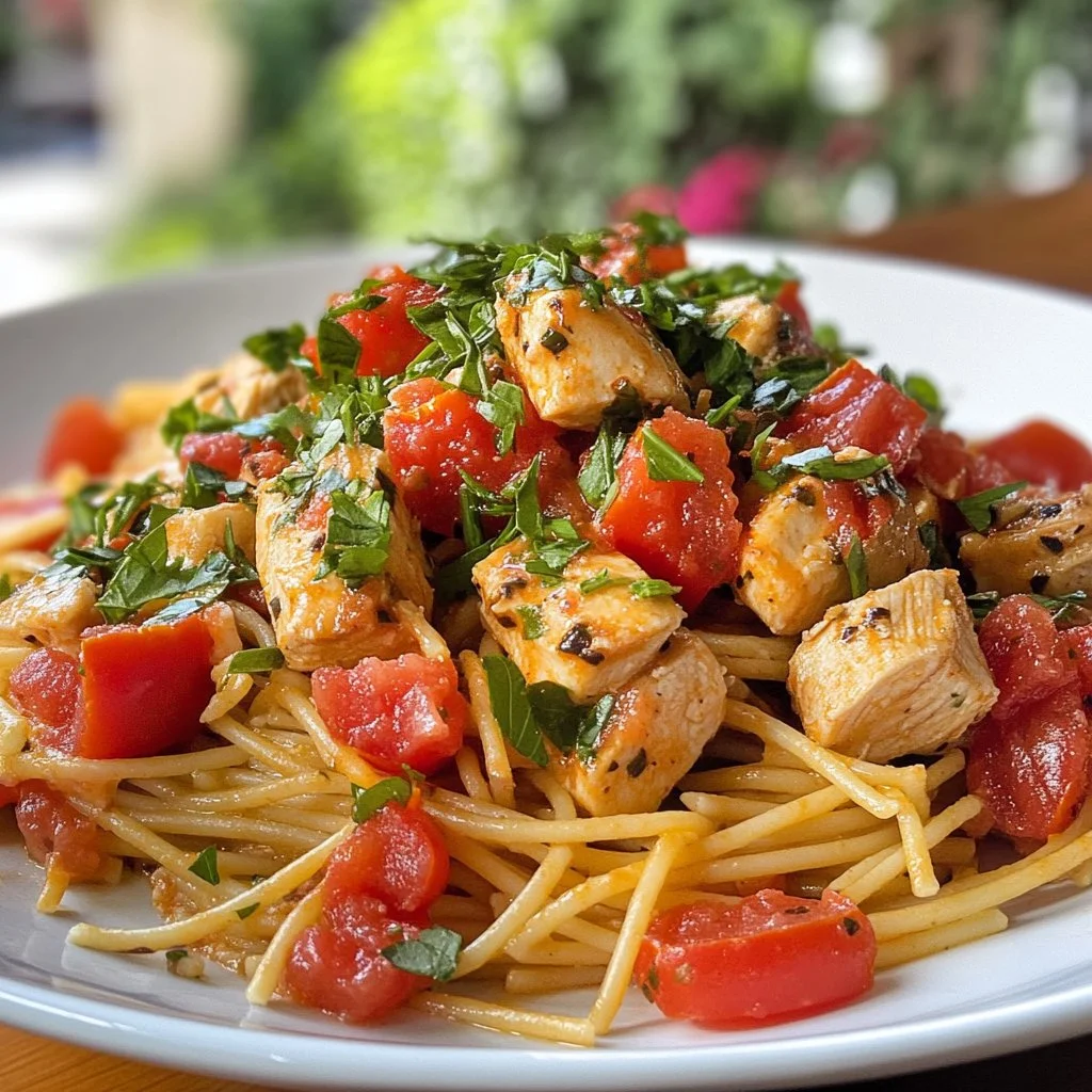 Plate of Chicken Bruschetta Pasta topped with fresh basil and tomatoes.