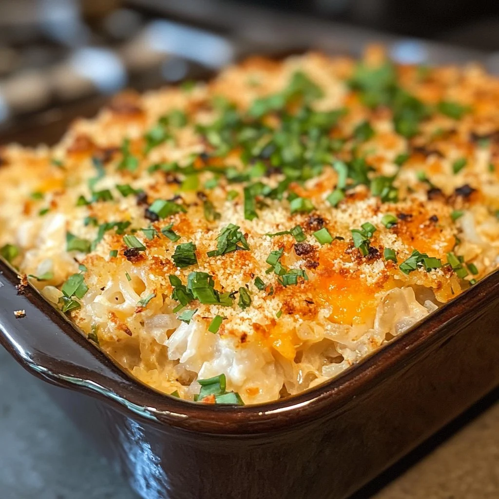 Bowl of Chicken Cauliflower Rice Casserole garnished with herbs
