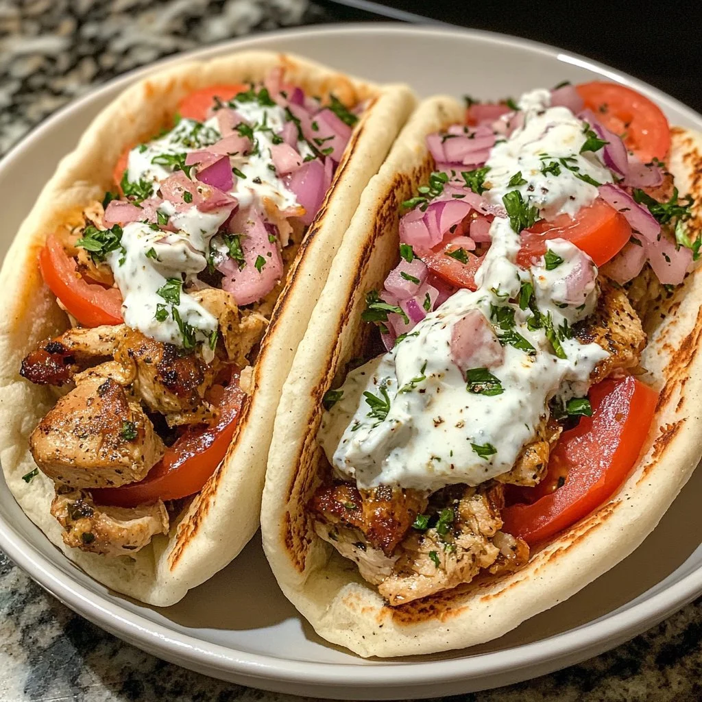 Delicious homemade Chicken Gyros served with fresh vegetables and sauce