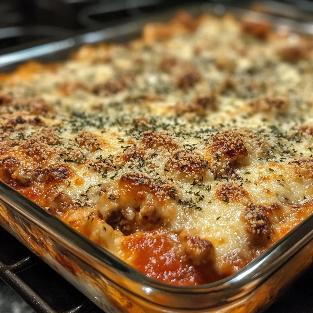 Delicious Chicken Parmesan Casserole with melted cheese and marinara sauce