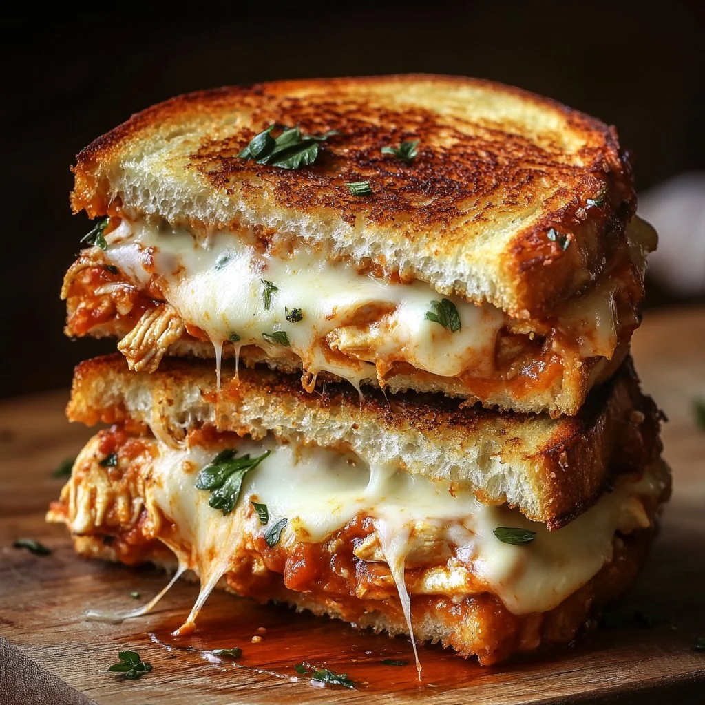 Chicken Parmesan Grilled Cheese sandwich with melted cheese and crispy chicken