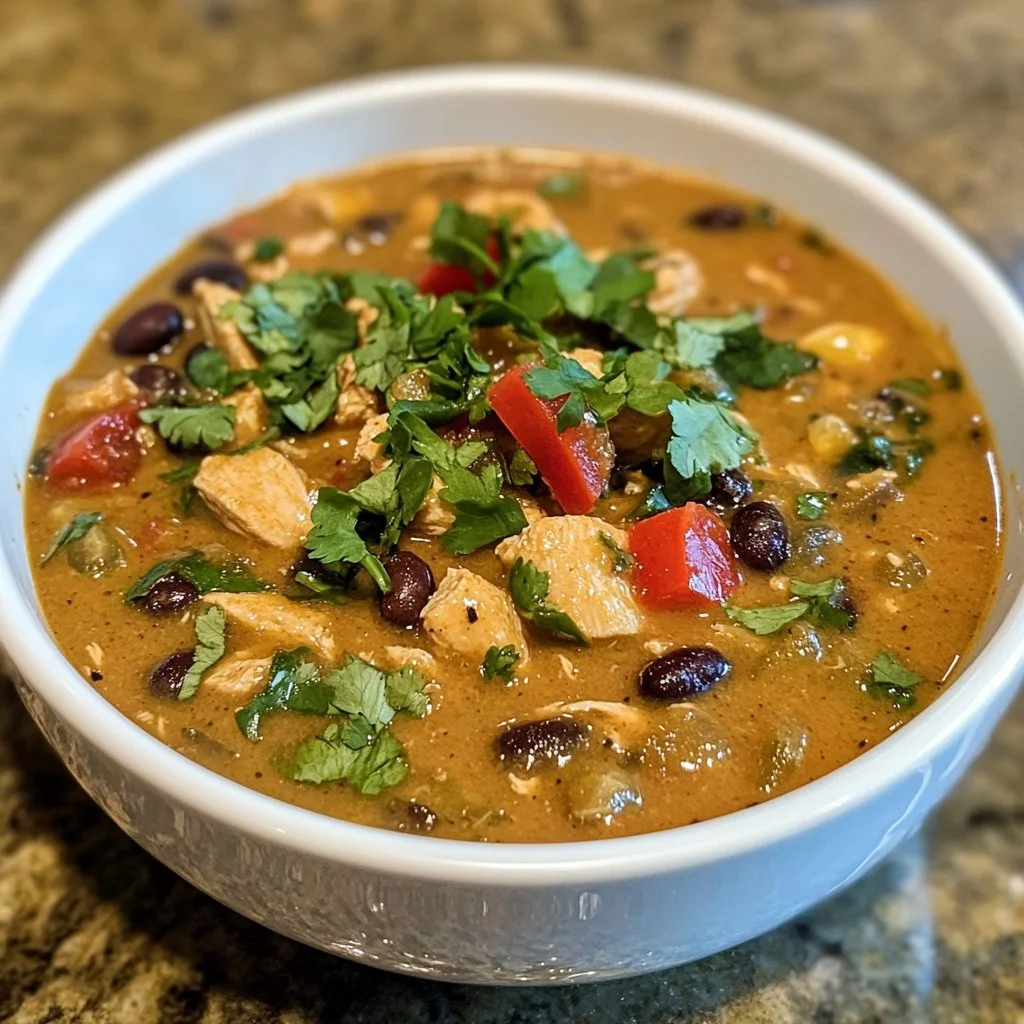 Bowl of Chicken Poblano and Black Bean Soup garnished with cilantro.