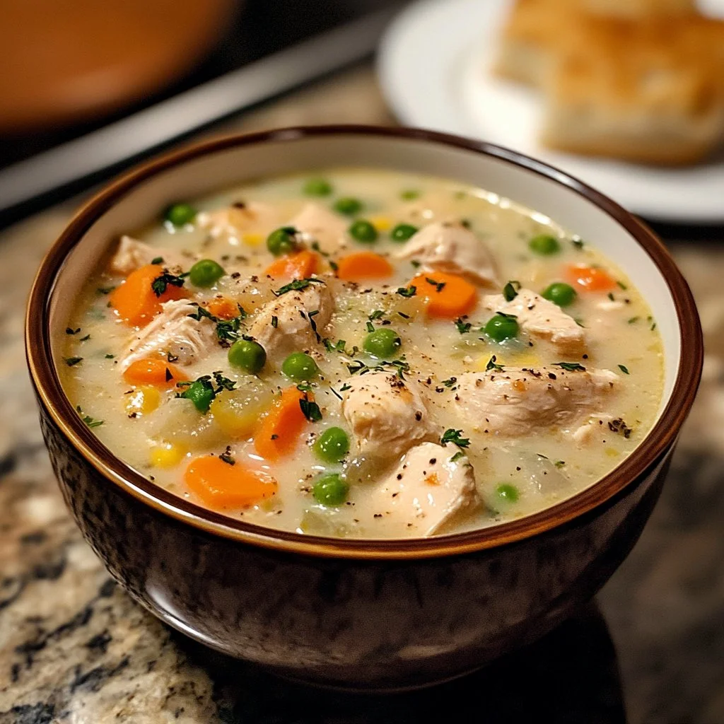 Delicious chicken pot pie soup served in a bowl with fresh herbs.