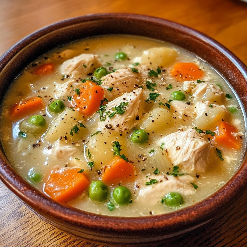 Bowl of Chicken Pot Pie Soup with vegetables and biscuits
