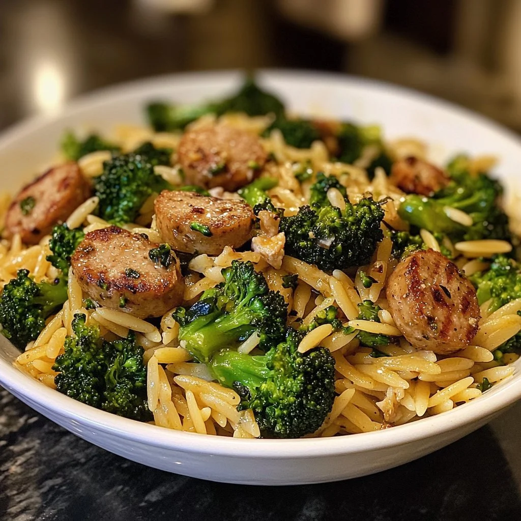 Plate of Chicken Sausage and Broccoli Orzo garnished with parsley