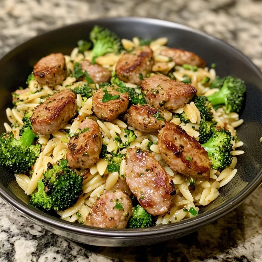 Chicken Sausage and Broccoli Orzo dish garnished and ready to serve