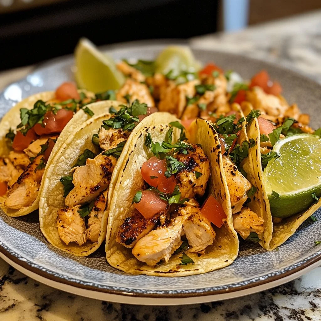 Delicious Chicken Street Tacos topped with fresh ingredients and vibrant sauces.