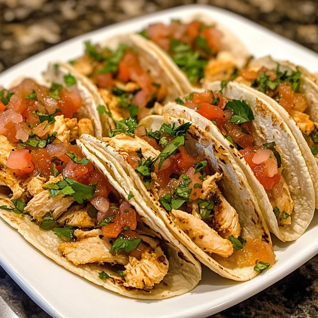 Delicious Chicken Street Tacos served with fresh toppings and lime.