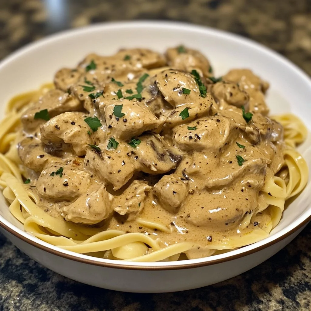 Creamy Chicken Stroganoff served with noodles and garnished with parsley