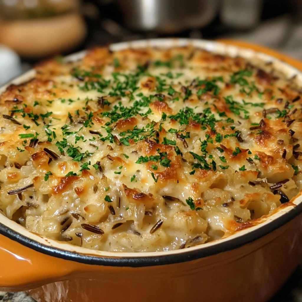 Delicious Chicken Wild Rice Casserole topped with fresh herbs