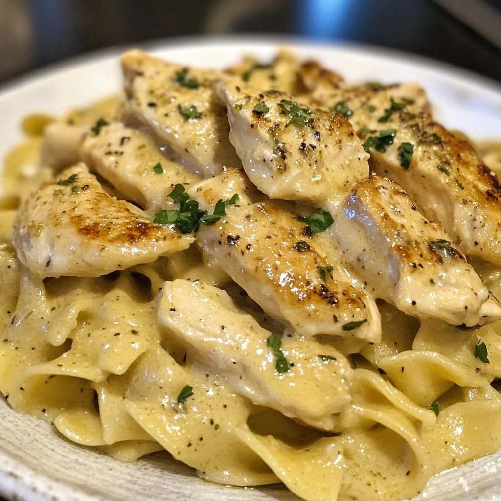 Plate of chicken served with buttered noodles and herbs