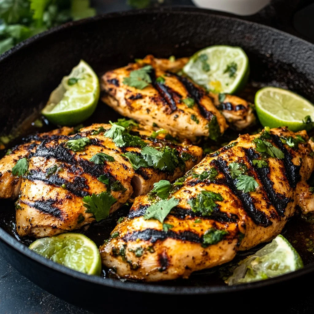 Cilantro lime chicken served with fresh lime wedges and cilantro garnish.