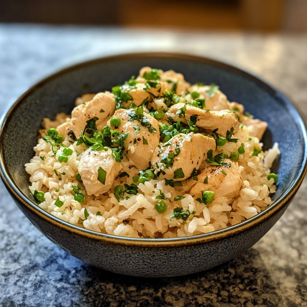 Delicious Coconut Chicken served with steamed rice, garnished with herbs.