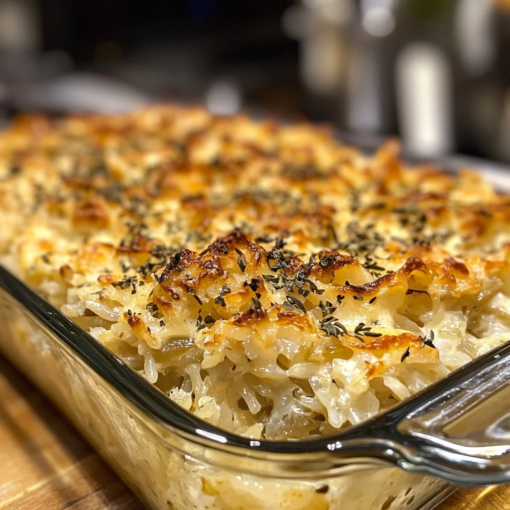 Delicious French Onion Chicken Rice Bake served in a rustic dish
