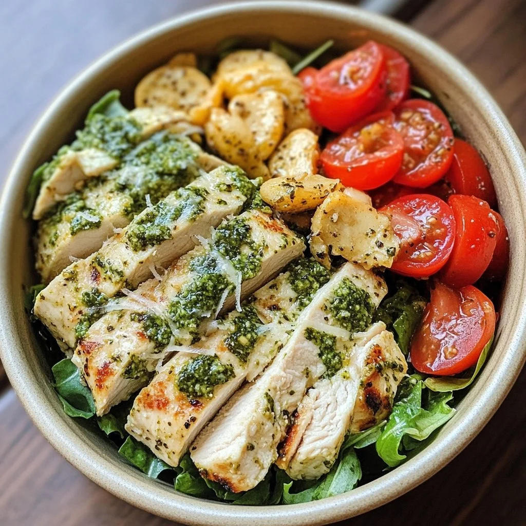 Delicious Chicken Pesto Parm Bowl inspired by Sweetgreen's recipe.