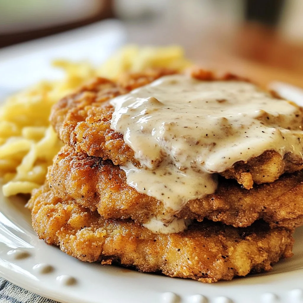 Plate of country fried steak with gravy and sides