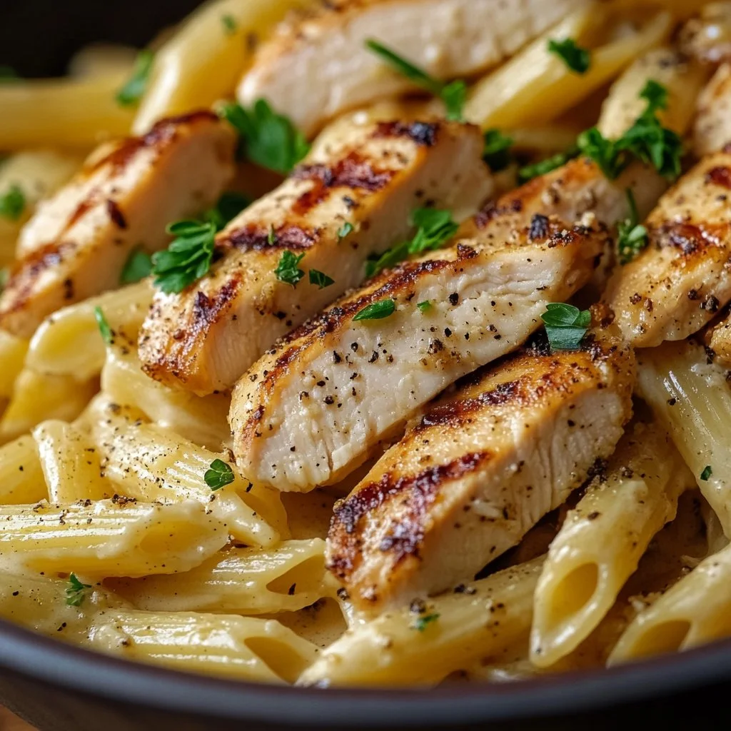 Plate of CRAC chicken penne pasta with a creamy sauce and herbs