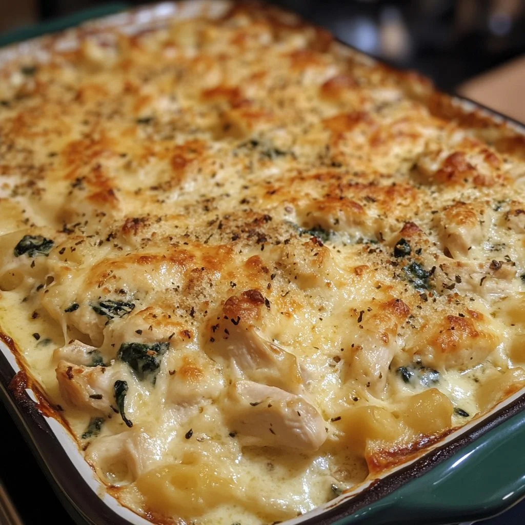 Creamy chicken and spinach casserole served in a baking dish with fresh spinach leaves.