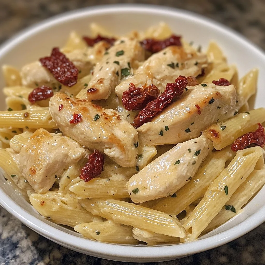 Creamy chicken pasta dish with sun-dried tomatoes and herbs