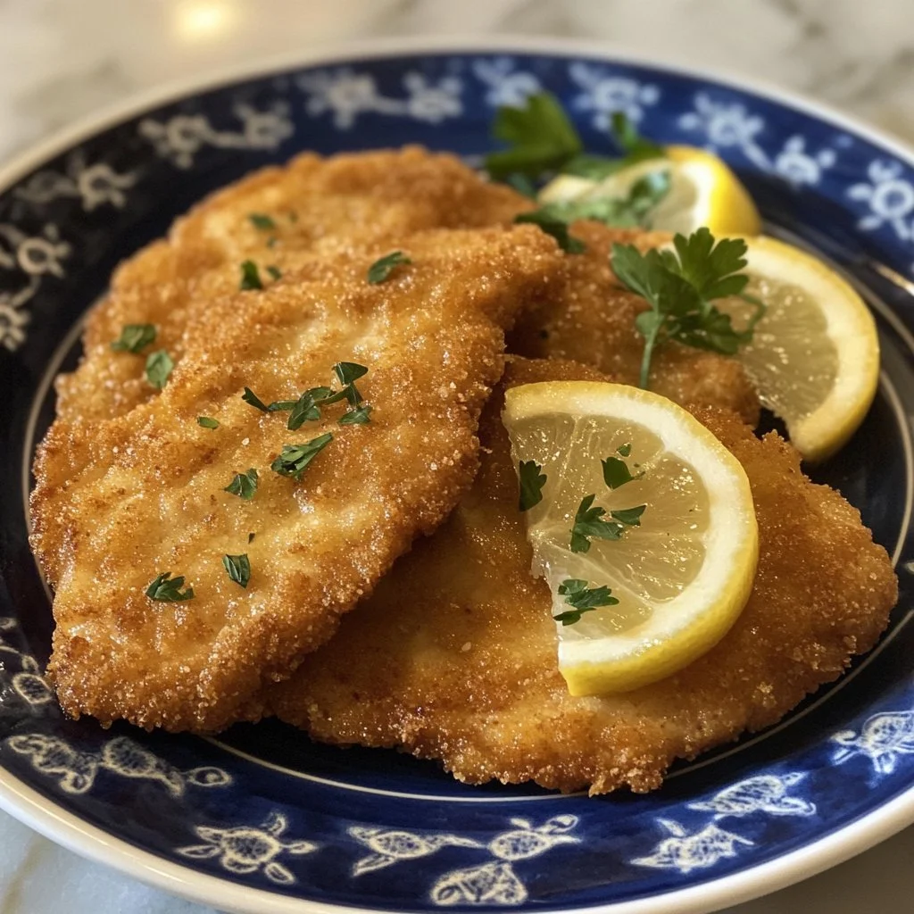 Creamy Chicken Schnitzel served with a side of vegetables and sauce