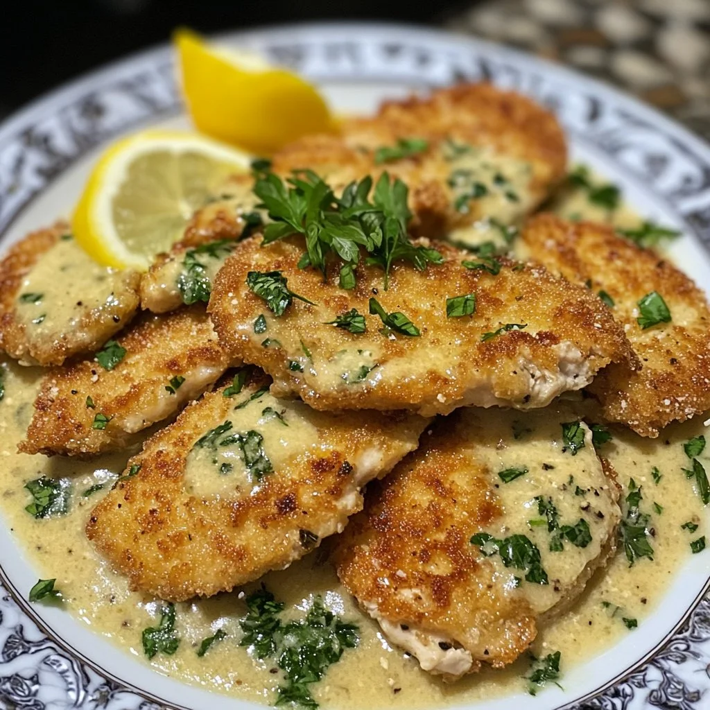Creamy chicken schnitzels served with a side of vegetables