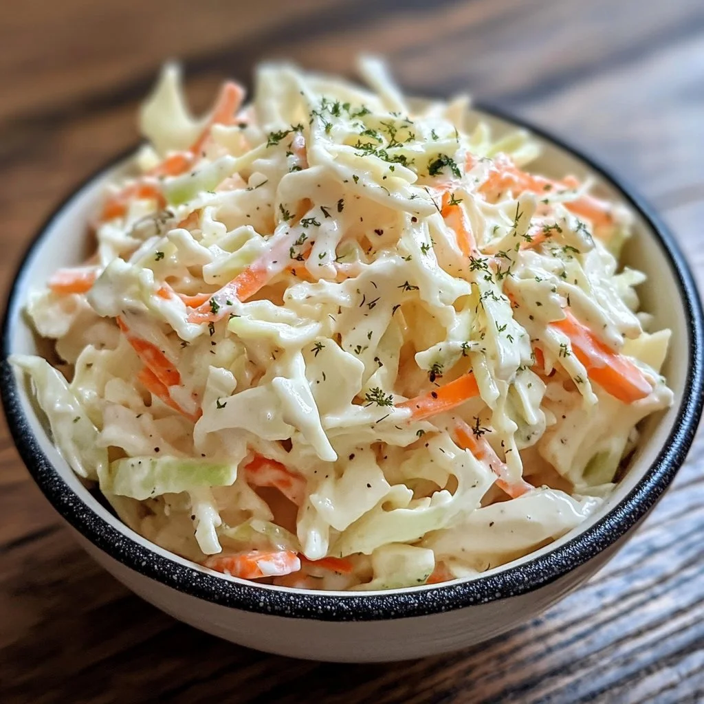 Creamy coleslaw served in a bowl with colorful vegetables