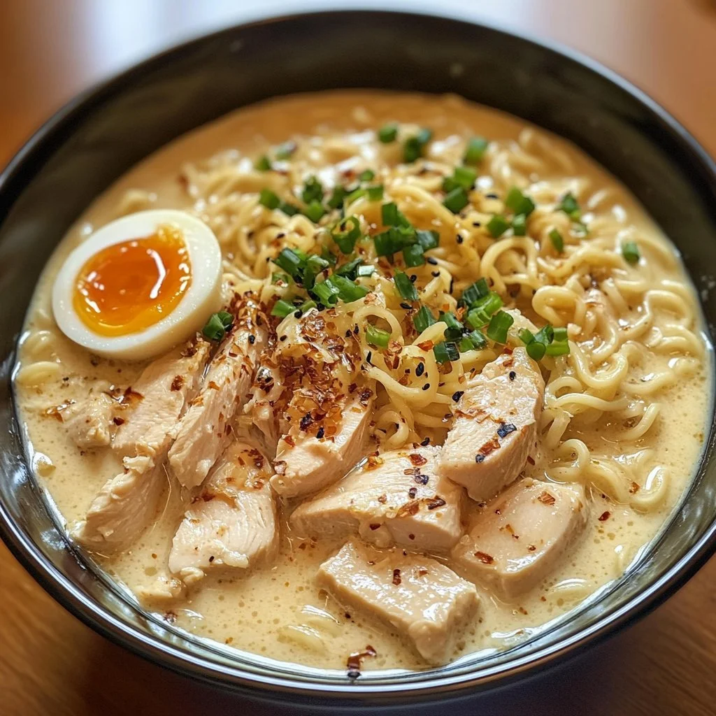 Bowl of creamy garlic chicken ramen topped with fresh herbs and vegetables.