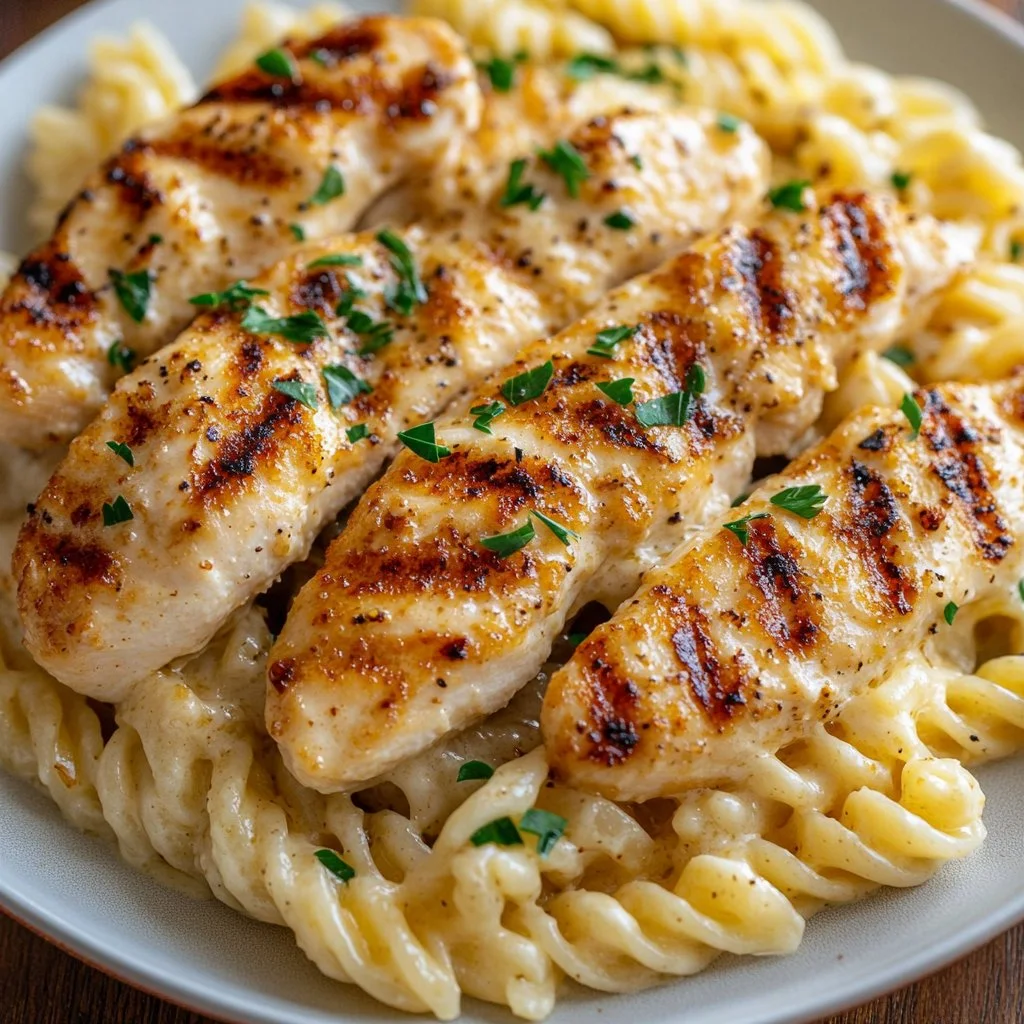 Creamy Garlic Parmesan Chicken served with Cheesy Twisted Pasta on a plate.