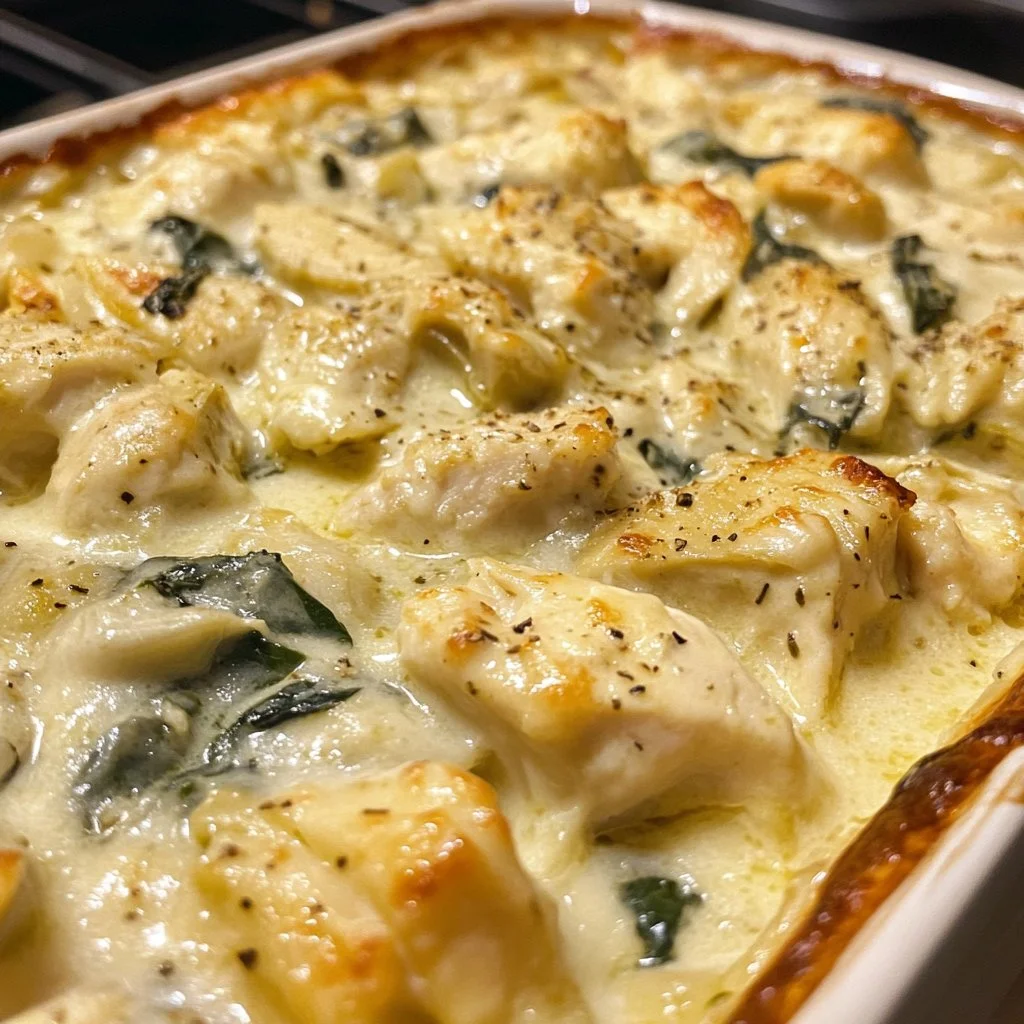 Creamy Greek yogurt chicken bake with spinach and artichokes