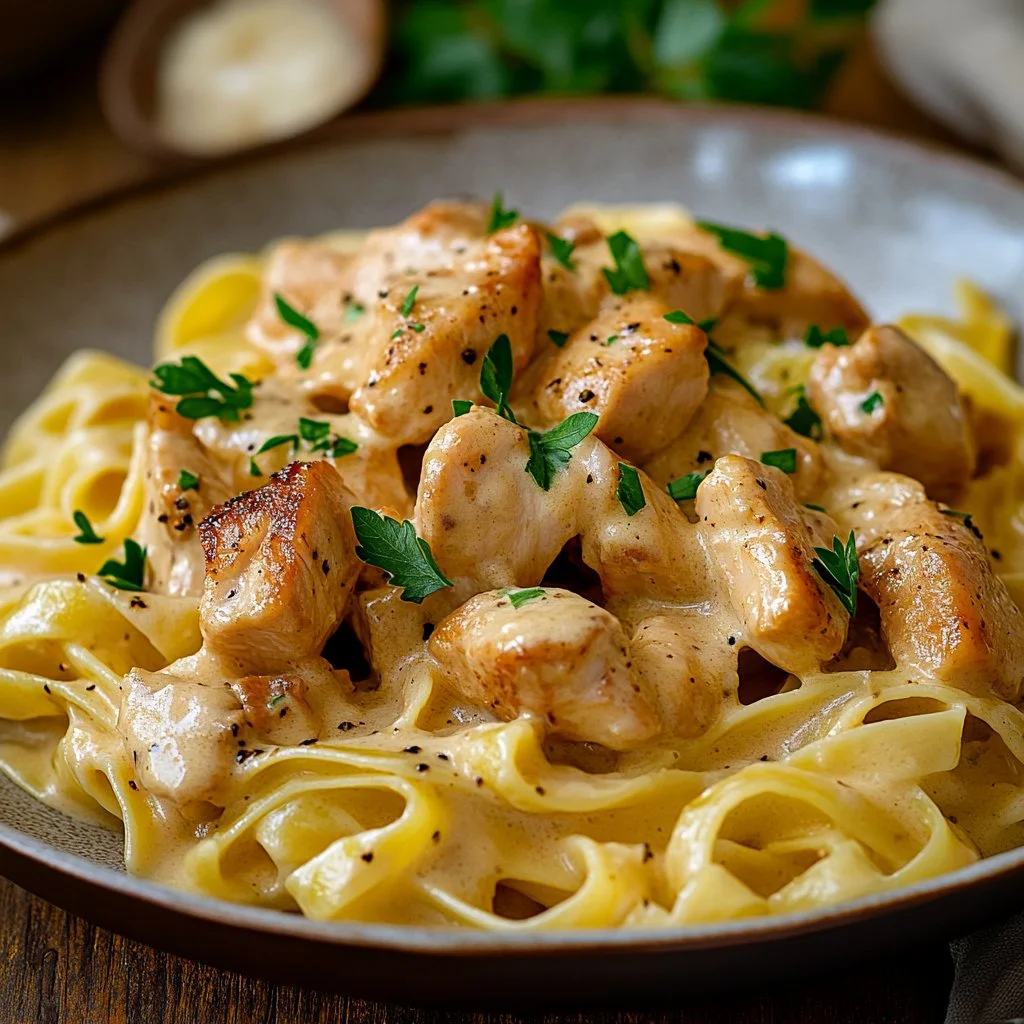 Creamy Italian chicken pasta served in a bowl with herbs and cheese