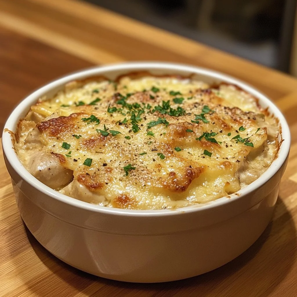 Creamy low carb chicken casserole in a baking dish