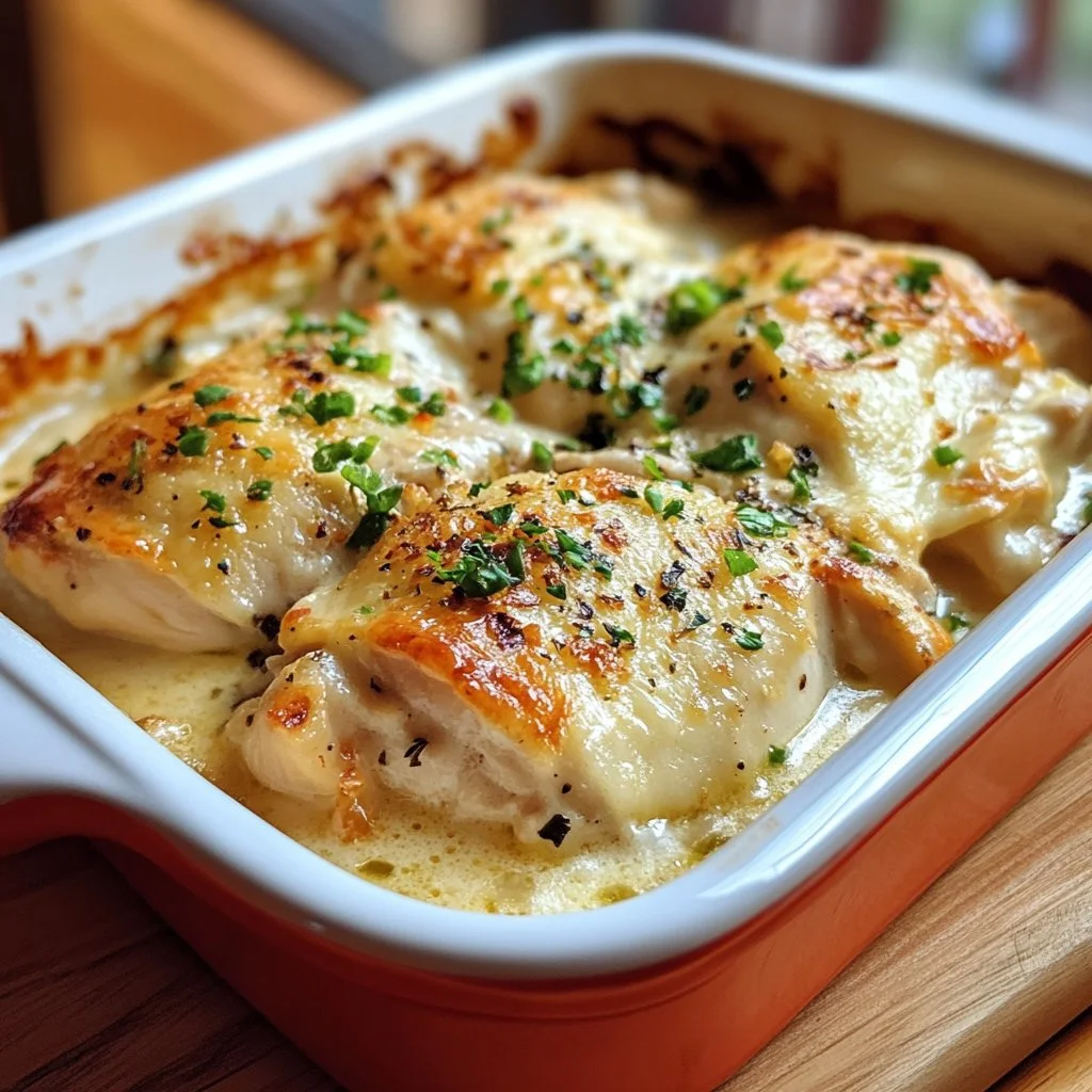 Creamy low-carb chicken casserole in a baking dish