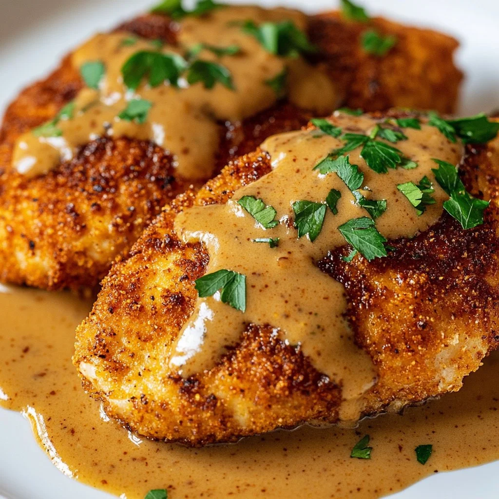 Delicious creamy Parmesan chicken served on a plate with herbs.