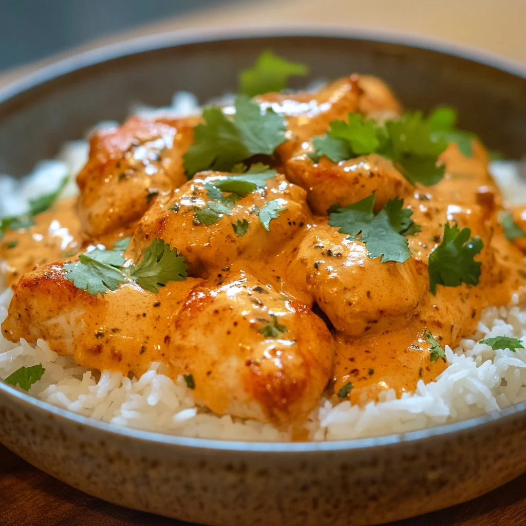 Creamy peri-peri chicken served with rice on a white plate