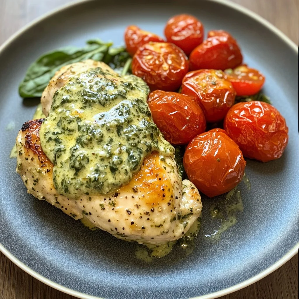 Creamy pesto chicken served with roasted tomatoes and fresh spinach