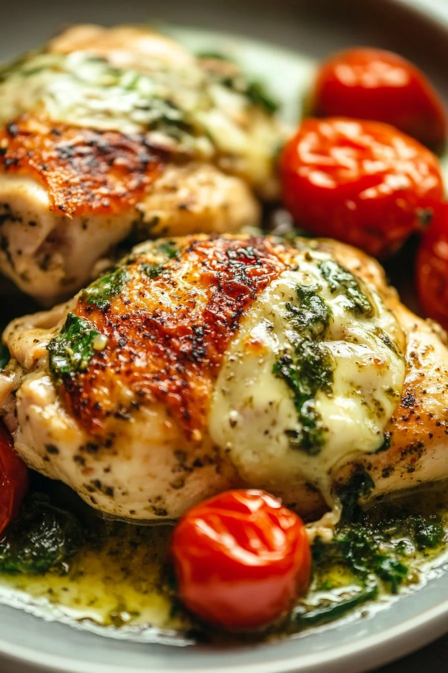 Creamy Pesto Chicken with Roasted Tomatoes & Spinach