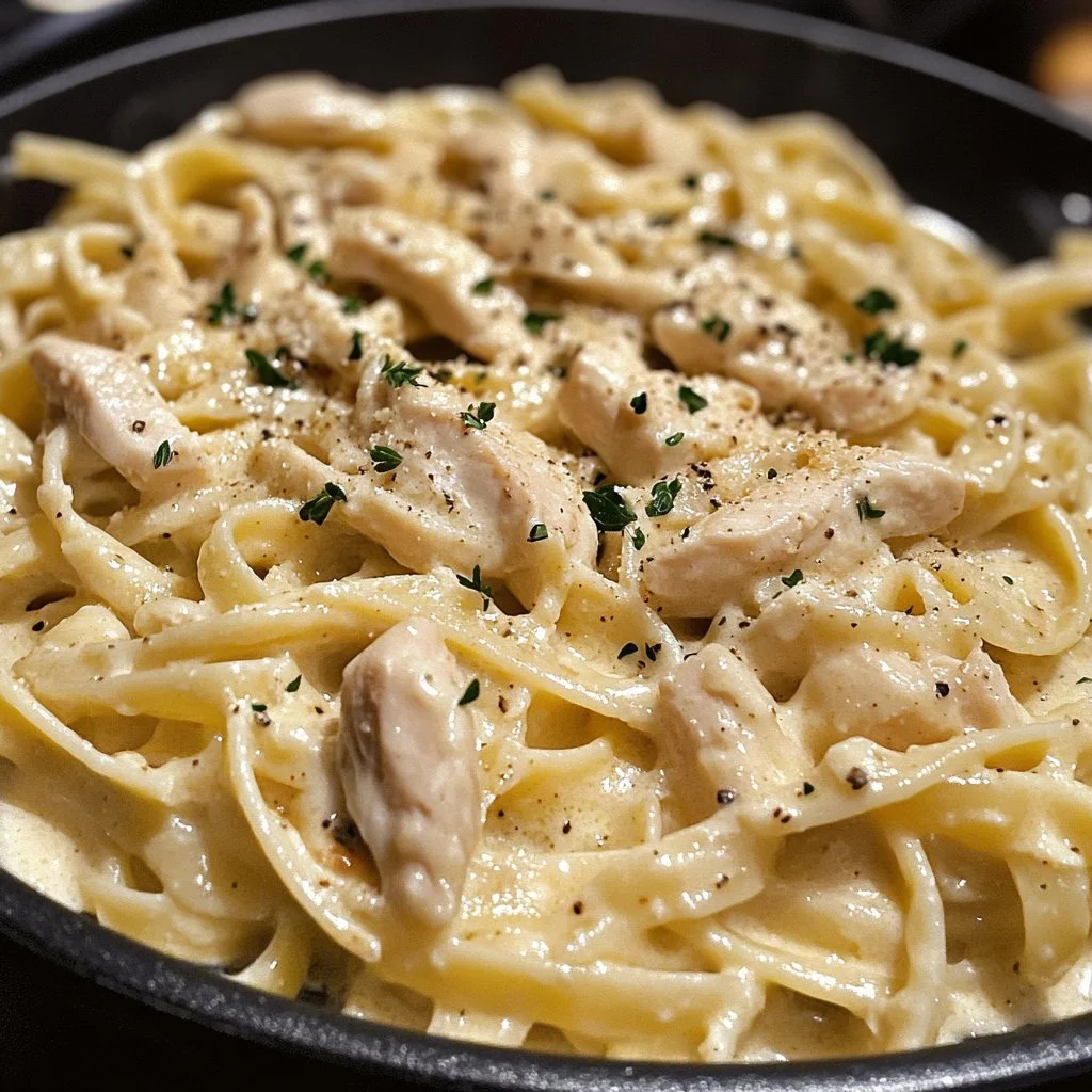 Creamy rotisserie chicken pasta served in a bowl with herbs on top