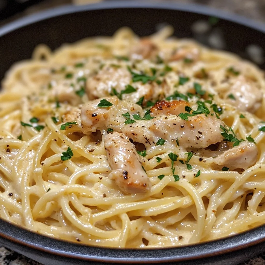 Creamy rotisserie chicken pasta served in a bowl with fresh herbs