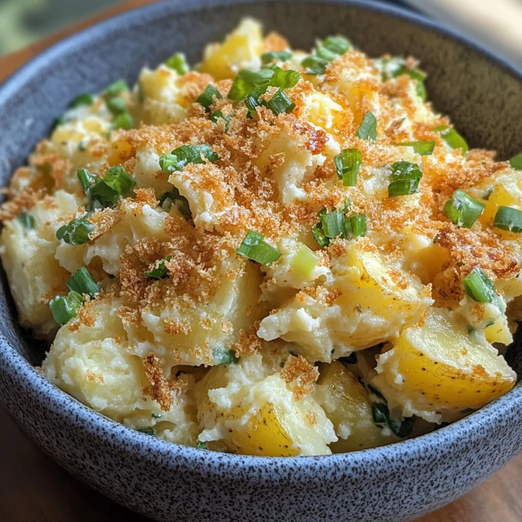 Crispy Smashed Potato Salad garnished with herbs